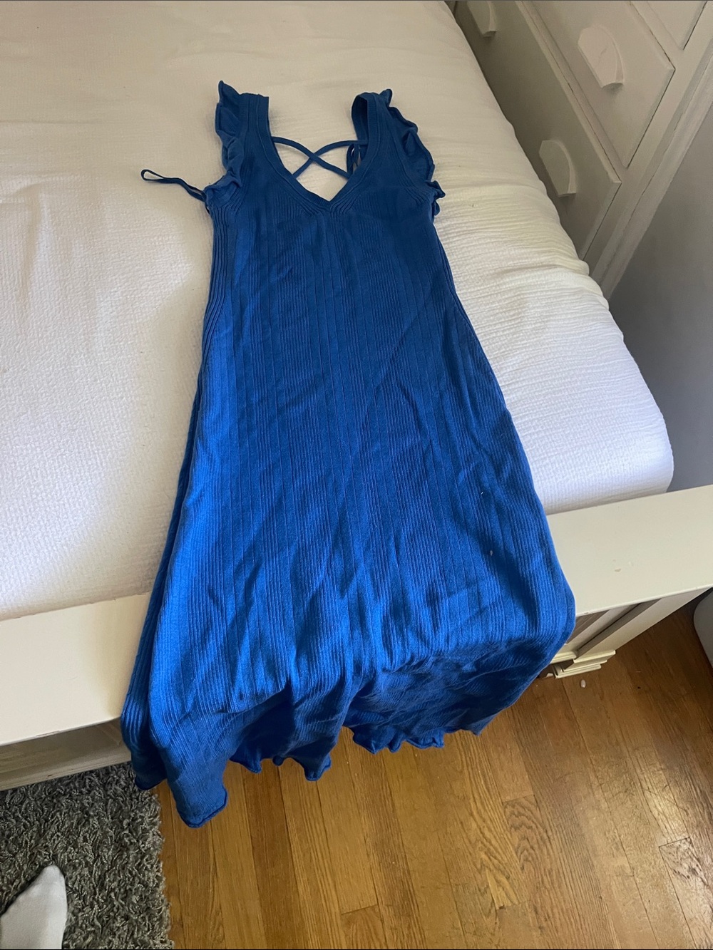 Ribbed V-Neck Blue Midi Dress with Ruffle Sleeves